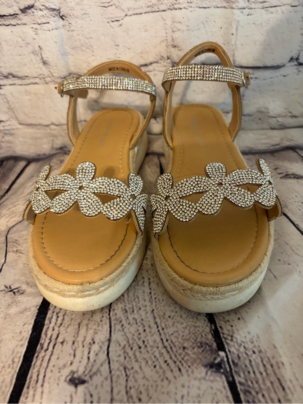 Madden brand Beige Floral Crystal Ankle-Strap Sandals - Girls 4M